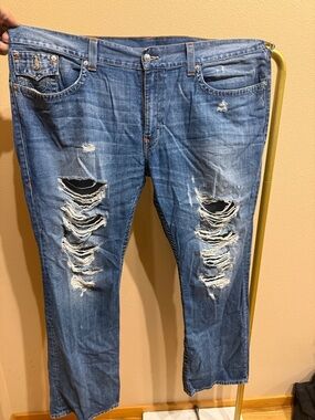 True Religion Men's Blue Distressed Straight Jeans FLAP ROCKY SAND W/RIPS